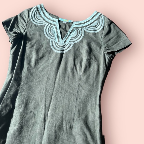 Women’s Boden Military Green Light Blue Embroidered Collar Linen Dress Size 12 - Picture 4 of 16
